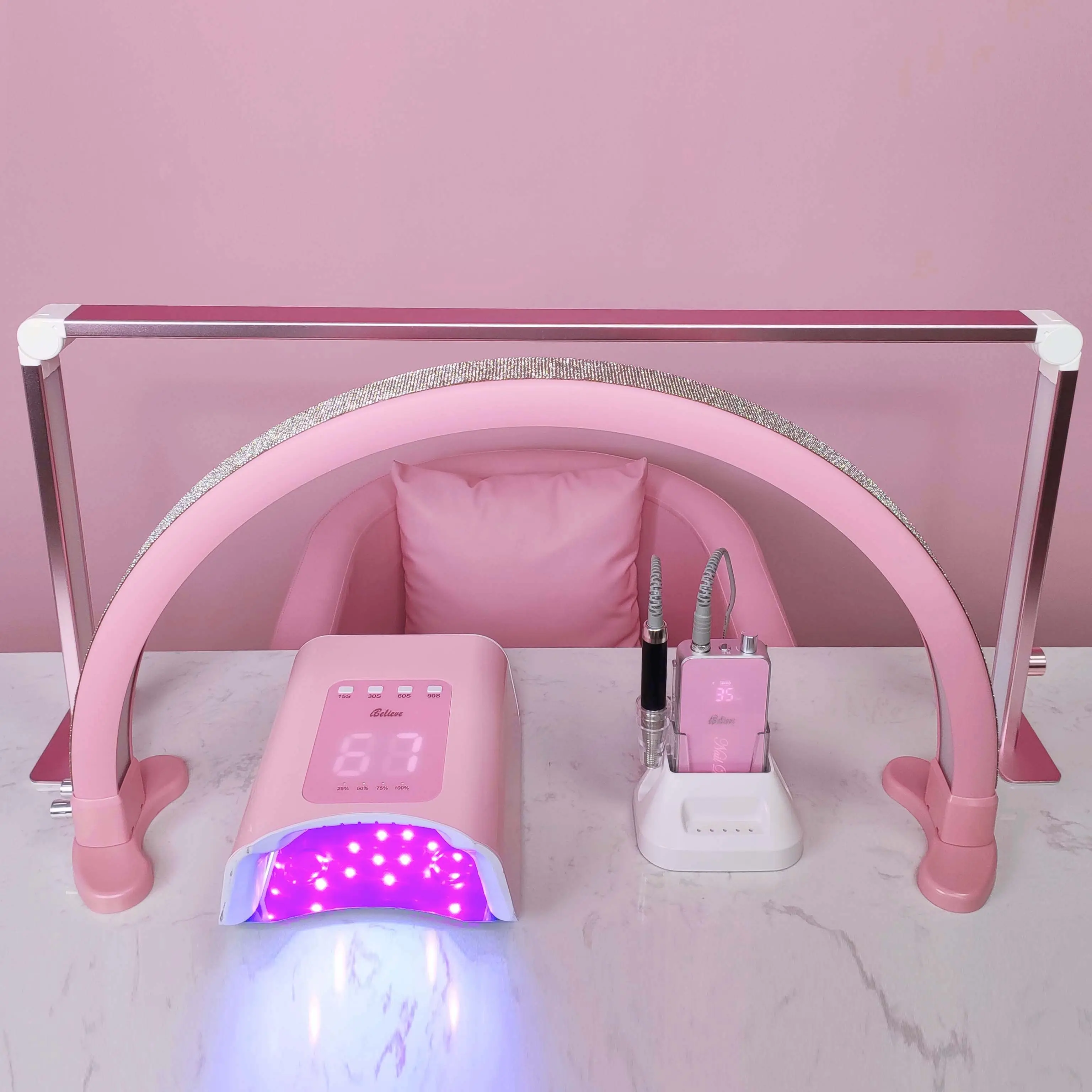 2024 Pro cura Led rosa doppio tavolo Manicure luce all'ingrosso personalizzare Logo scrivania mezza luna lampada per unghie per negozio di unghie