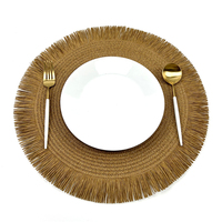 Promotion Exceptionnelle : Set de Table Rond Gris en Paille de Raphia Dégradable avec Bordure Frangée Tressée