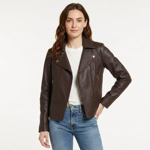 Nueva chaqueta de cuero de invierno de estilo americano para mujer, venta al por mayor, manga larga, cuello levantado Vintage, acabado transpirable - Product Image 1