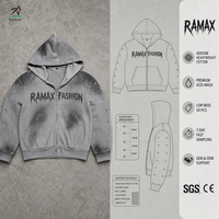 Sweat à capuche zippé RAMAX 450GSM épais délavé à l'acide avec rivets sur les manches, style Y2K Streetwear pour hommes, personnalisable, vente en gros, mode OEM