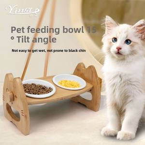 Piccolo cane gatto alimentatore automatico eco-friendly ceramica Pet ciotola doppio collo in legno massello materie plastiche inox nuovo prodotto - Product Image 5