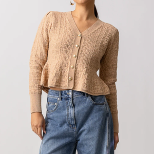 <span class=keywords><strong>Cardigan</strong></span> da <span class=keywords><strong>donna</strong></span> in maglia <span class=keywords><strong>Beige</strong></span> testurizzata con orlo peplo maglione corto con bottoni per la moda Casual femminile - Product Image 3