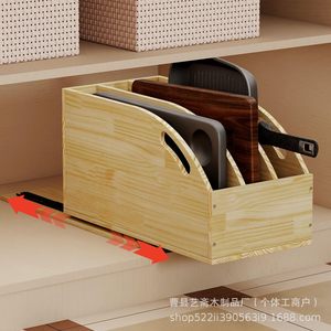 Wooden Kitchen Storage Box With Sliding Tray For <b>Pot</b> <b>Lid</b> Cutting Board Organizer Cabinet Drawer Organizer Rectangle Shape - Product Image 1