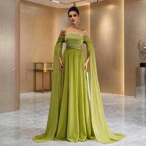 Vestido de Noche Verde de Gasa con Pedrería, Hombros Descubiertos, Largo hasta el Suelo, Corte A, Antiestático, Transpirable, Elegante, Lujoso, Modesto, con Cintura Imperio y Espalda Descubierta - Product Image 3