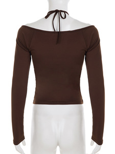 T-shirt décontracté pour femme à col halter, respirant, froncé, épaules dénudées, manches longues, coupe classique, tendance - Product Image 6