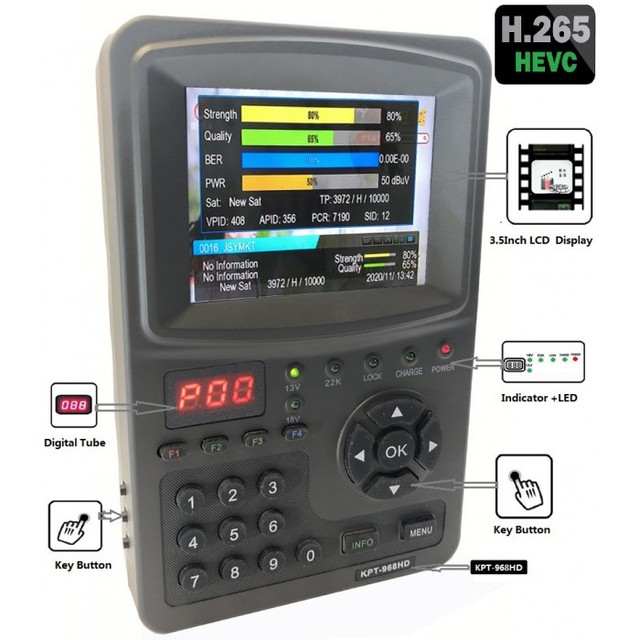 Digital Satellite Finder Meter DVB-S2 Support H.265 MPEG-4 3.5inch KPT-968HD