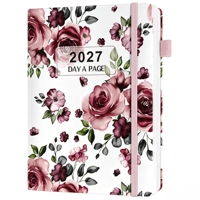 Agenda A5 à couverture rigide en PU/papier à motif floral, 2027, une page par jour, avec bande élastique pour le bureau et l'école