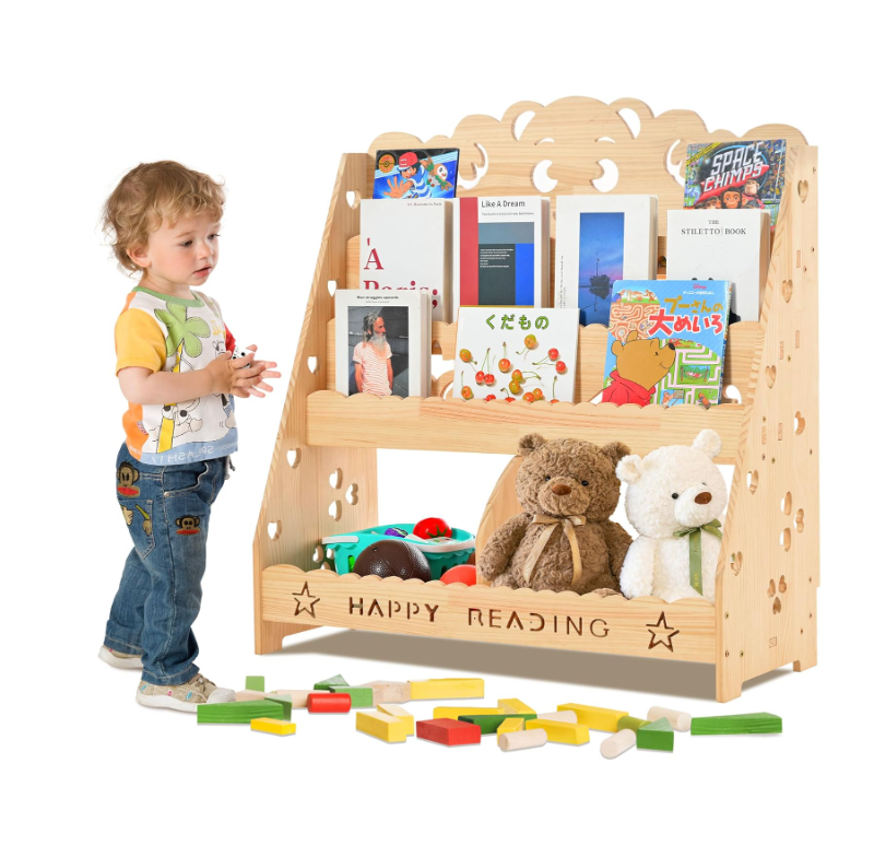 2 Cubby Toy Storage Organizer Toddler Book Toy Shelf 4 Tier Kids Wooden Bookshelf Children Bookcase Cabinet