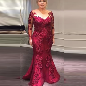 Robes de soirée formelles à manches longues avec appliques en dentelle et effet illusion, magnifiques robes de mariée ou de <span class=keywords><strong>mère</strong></span> de la mariée rouge bordeaux - Product Image 1