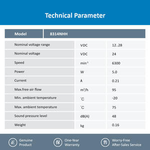พัดลมระบายความร้อนแบบแกน DC รุ่น ebmpapst 8314NHH ขนาด 80x80x32 มม. แรงดันไฟฟ้า 24VDC ความเร็ว 6300 รอบต่อนาที กำลังไฟ 5.0 วัตต์ อัตราการไหลของอากาศ 95 ลูกบาศก์เมตร/ชั่วโมง ผลิตโดย OEM ODM - Product Image 3
