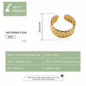 Bague ouverte en acier inoxydable à motif feuille de blé avec placage sous vide or 14K, options de couleur or et argent - Product Image 5