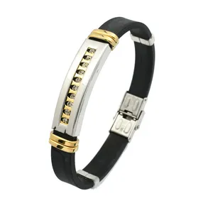 Punk Style Black Rubber 316L Stainless Steel CZ Setting Tube Cuff Bangle Men's Wristband New Silicone Bracelet