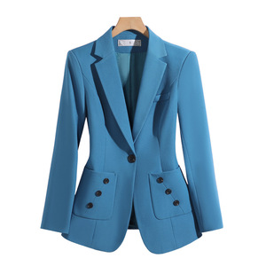 Women's Peacock Blue <b>Blazer</b> Solid Color Polyester Anti-Wrinkle Suit Jacket For Office And Casual Wear - Product Image 5