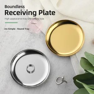 Plateau de présentation de bijoux <span class=keywords><strong>en</strong></span> acier inoxydable avec logo personnalisé pour cadeau, plateau rond petit et doré décoratif, plateau de rangement <span class=keywords><strong>en</strong></span> métal - Product Image 2