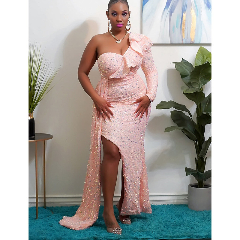 Pink one shoulder sequin dress