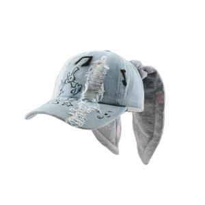 时尚Y2K长兔耳帽可调Kpop套装仿旧撕裂牛仔兔耳棒球帽 - Product Image 3