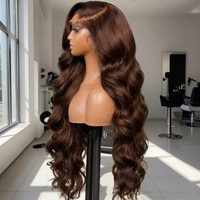 Perruque longue ondulée en cheveux humains vierges, couleur marron chocolat, avec dentelle frontale HD transparente, pour la vente en gros aux boutiques de coiffure européennes
