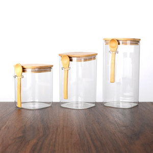 Tapa hermética Cocina cuadrada Almacenamiento en el hogar Frascos de vidrio Contenedores <span class=keywords><strong>con</strong></span> tapas de bambú y <span class=keywords><strong>cuchara</strong></span> - Product Image 4