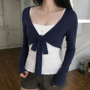 Cárdigan corto de manga larga para mujer con lazo frontal, bolero suave y elástico, cubre-ballet de frente abierto, top casual Y2K - Product Image 1
