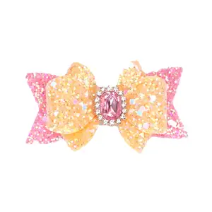 Customised girls' glittering resin leather handmade double layer bows hair clips shining hair accessories with diamonds