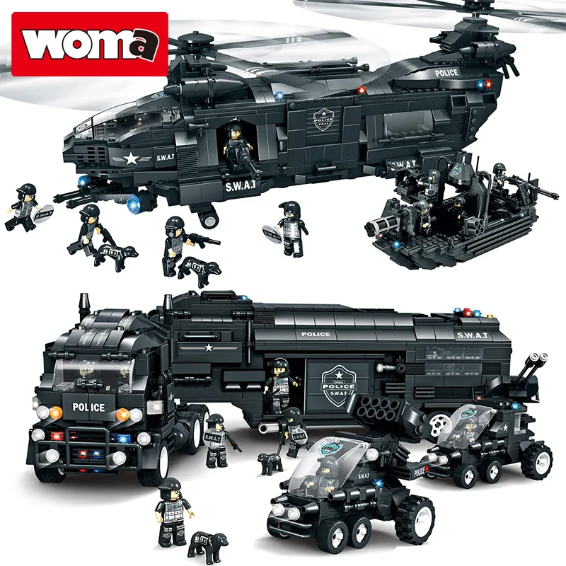 WOMA TOYS Wholesale OEM ODM Kids SWAT Team Weapon Action Military Army Soldiers Police Helicopter Model Scene Building Block Set