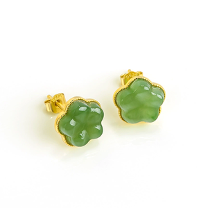 Spinach green natural jade material and jadeite lotus flower ear pendants of genuine S925 <b>silver</b> set with jade - Product Image 1