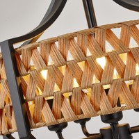 Lustre suspendu classique en rotin naturel tressé avec cadre en métal noir mat et chaîne de suspension réglable