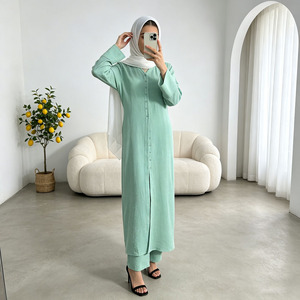 ชุดอาบายะสีเขียวมิ้นท์สุดหรูสำหรับผู้หญิง ชุดมุสลิมแบบเปิดด้านหน้าพร้อมเชือกผูก เสื้อคลุมแฟชั่นแบบเรียบร้อย - Product Image 3