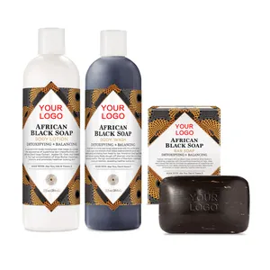 Bestseller prodotto per la cura della pelle pulizia del sapone nero africano Kit lenitivo per il lavaggio del corpo del bagno con burro di karitè avena Aloe cacao baccello cenere