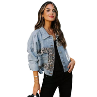 Veste denim d'automne personnalisée, manteaux d'hiver pour femmes, blousons bombardiers vintage en jean varisty léopard en patchwork pour femmes