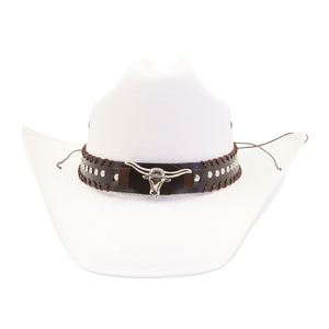 หมวกฟางปีกกว้างสีขาว N38 ป้องกันแสงแดด ทำด้วยมือ พร้อมสายคาดรูปหัวกระทิง - Product Image 1