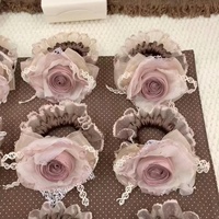 Élastique à cheveux en organza rose, style coréen, avec fleur en dentelle, fait main, grande taille, pour queue de cheval