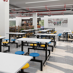 Table à manger moderne pour 6-8 personnes Ensemble de chaises Table à manger cantine d'usine Combinaison avec panneau en métal et bois pour écoles et restaurants - Product Image 4