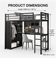 Lit mezzanine moderne en acier avec bureau, armoire, étagères de rangement et échelle, taille simple, pour dortoir, école, appartement