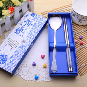 Cute Cartoon Stainless Steel Childrens Spoon And Fork Set Blue And White Porcelain 3 Piece <b>Kids</b> <b>Dining</b> Utensils - Product Image 4