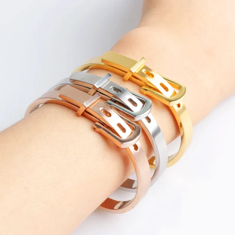 Luxury Gold Plated Stainless Steel Belt Buckle Cuff Bangle For Women Men Charm Jewelry