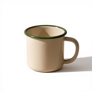 Factory Direct Wholesale Custom Logo Enamelware Heavy Duty Iron Camping Cup Featuring Classic Solid <b>Cream</b> Finish And Green Rim - Product Image 1