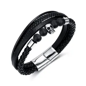 Cool Stainless Steel Hiphop Jewelries Bracelet PU Leather Multi Layered Twisted With Black Beads Skull Retro Ins Men Bangle