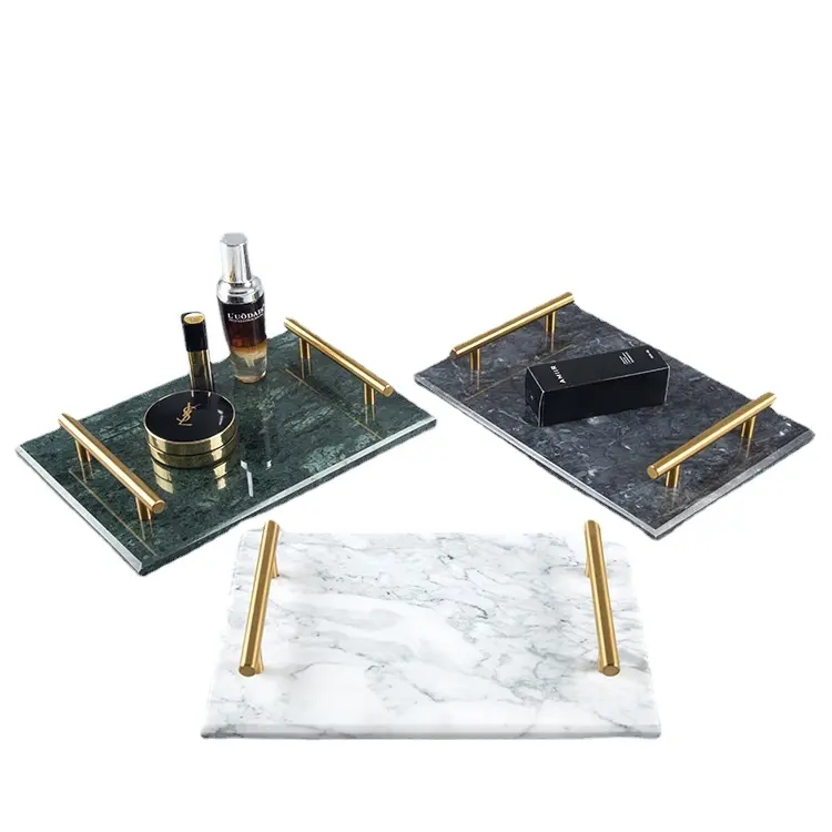 Hotel decoration various colors Marble Metal Rod Handle Jewelry Tray