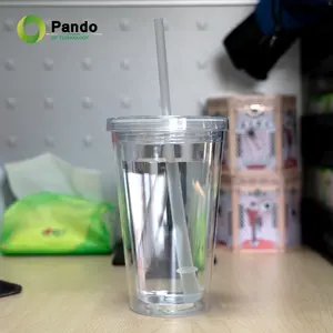 中国供应商定制标志双酚a免费可重复使用透明水杯双壁吸管塑料杯