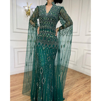Vert Cape Manches Sirène Dubaï Arabe Robes De Soirée Serene Hill LA72094 Formelle Perlée Robes Pour Les Femmes De Noce