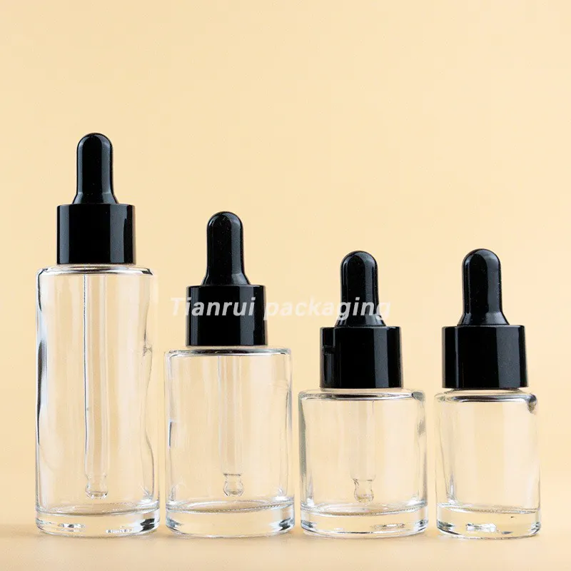 재고 있음 20ml 30ml 40ml 50ml 60ml 80ml 100ml 플랫 숄더 유리 세럼 병 투명 화장품 에센셜 오일 Dropper 병