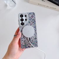 Étui fin magnétique transparent avec paillettes et sequins en époxy pour Samsung Galaxy S23 S24 S25 S26 Ultra, compatible avec la charge sans fil, antichoc, coque brillante