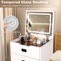 Petite coiffeuse moderne intégrée 3 en 1 en bois avec miroir rabattable éclairé, plateau en verre et rangement caché