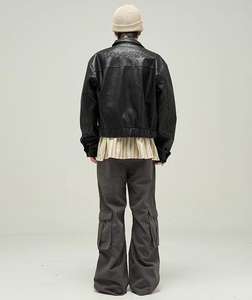 맞춤형 패션 스트리트 웨어 레트로 블랙 PU 가죽 자켓 남성용 루즈핏, 라펠 칼라 캐주얼 코트 재킷 제조업체 - Product Image 5