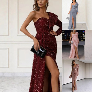 Vestido de noche largo con lentejuelas, sin tirantes, asimétrico, con cintura imperio, para fiesta o banquete. - Product Image 1
