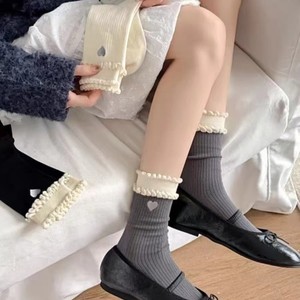 Women Mid-Calf Cotton <b>Socks</b> With Heart Embroidery And Bubble Trim <b>Grey</b> White Black Spring Summer Breathable Sweat Absorbing - Product Image 3