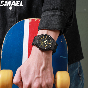 นาฬิกาควอตซ์ SMAEL 8083 หน้าปัดคู่ สีมาการอง กันน้ำ 30-50 เมตร สาย PU นาฬิกาข้อมือสำหรับเล่นกีฬา - Product Image 1