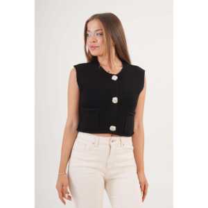 Chaleco Negro de Punto para Mujer, Sin Mangas, con Botones Dorados, Bolsillos Dobles, Prenda Exterior, 100% Acrílico, Tejido de Lana - Product Image 2