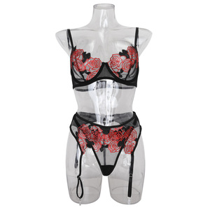 New Fun Lingerie Steel Bracelet Embroidered Rose Mesh Suspender Socks Three Piece Set - Product Image 5